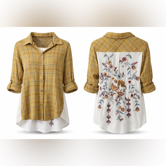 Kyla Seo Tops - Kyla Seo Embroidered Velvet Back Gold Plaid L Boho Western Prairie Cottagecore